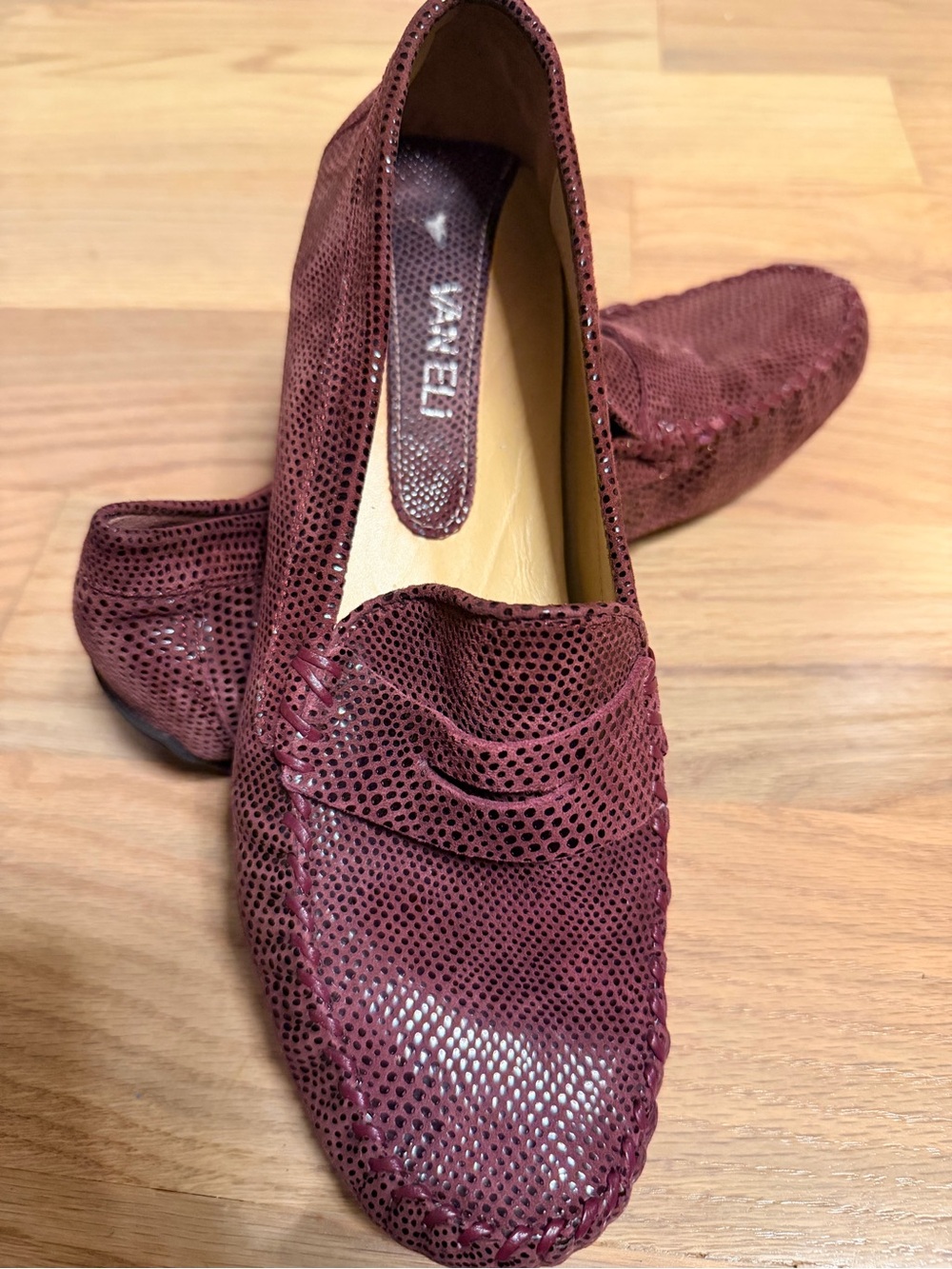 Vaneli Burgundy Perforated Leather Penny Loafers